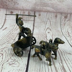Brass Roman Soldier Standing With Sword In Horse Drawn Chariot Decor Figure